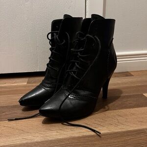 Women's Black Lace-Up Pointed Toe High Heel Ankle Boots